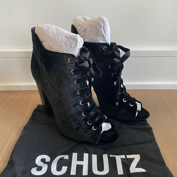 Schutz Bootie Womens 10 Black Neapoli Block Heel Lace Up Velvet Peep Toe - Picture 1 of 11